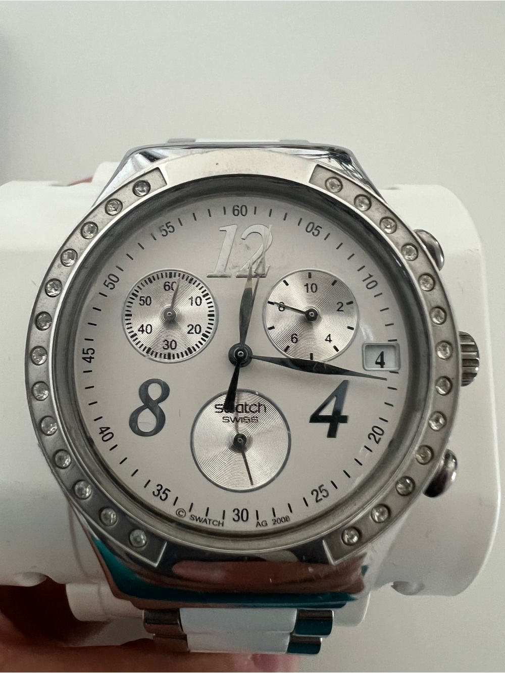 Swatch White and Silver Crystal-Accented Chronograph Watch